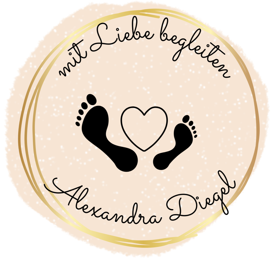 Logo „mit Liebe begleiten“ mit Baby- und Erwachsenenfuß, Herz und Name Alexandra Diegel